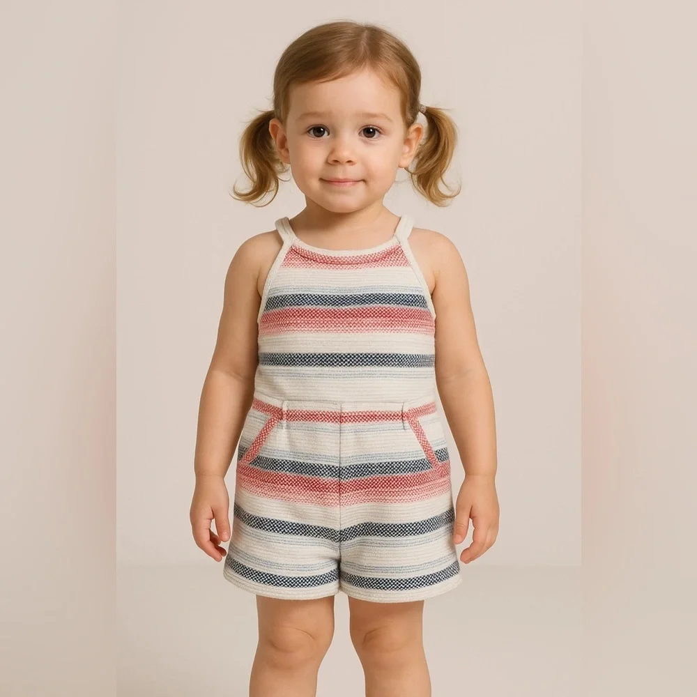 Janie & Jack Girls Cotton Tweed Romper, Size Kids 8, White, Red, Pink, Blue
